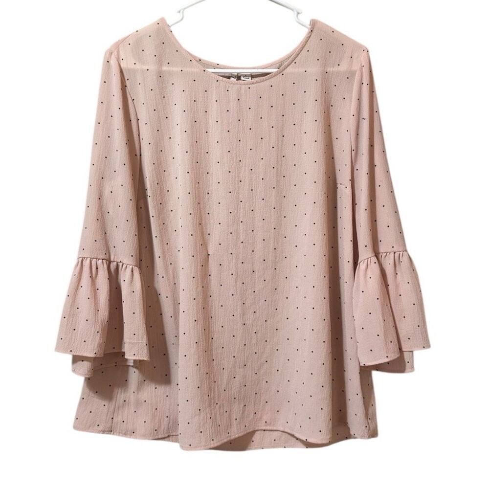 ELLE Women Size L Bell Sleeve Blouse Pink Polka Dots Polyester‎ Lightweight Boho